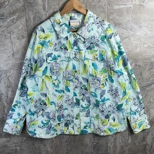 Alfred Dunner denim feel blue floral embroidered button up shirt shacket SZ 20W